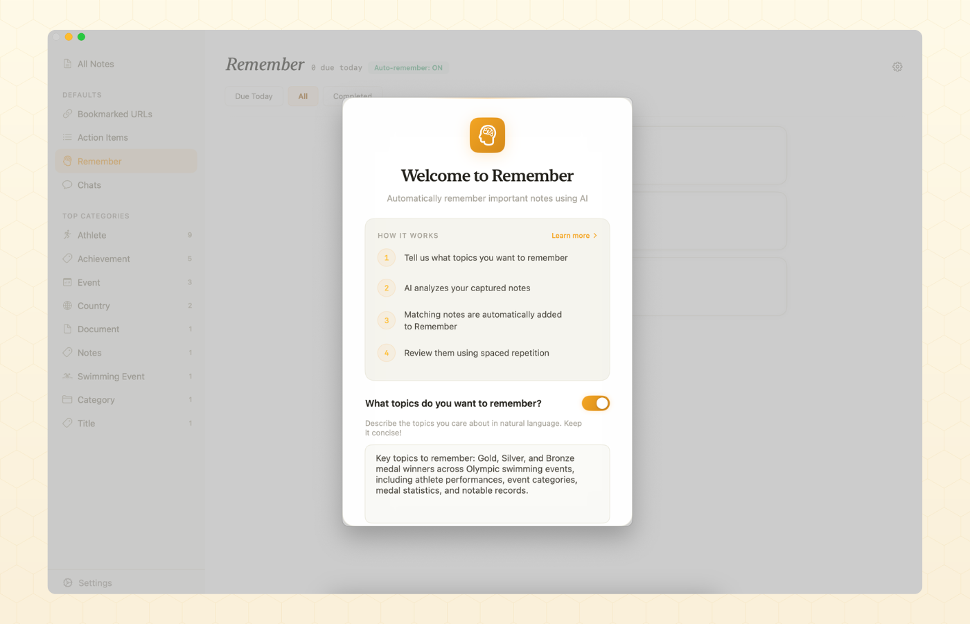Auto-Remember onboarding screen with the natural language topic prompt