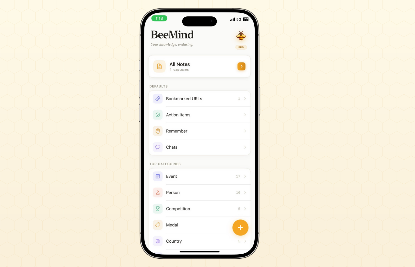 BeeMind iOS app home screen with saved notes