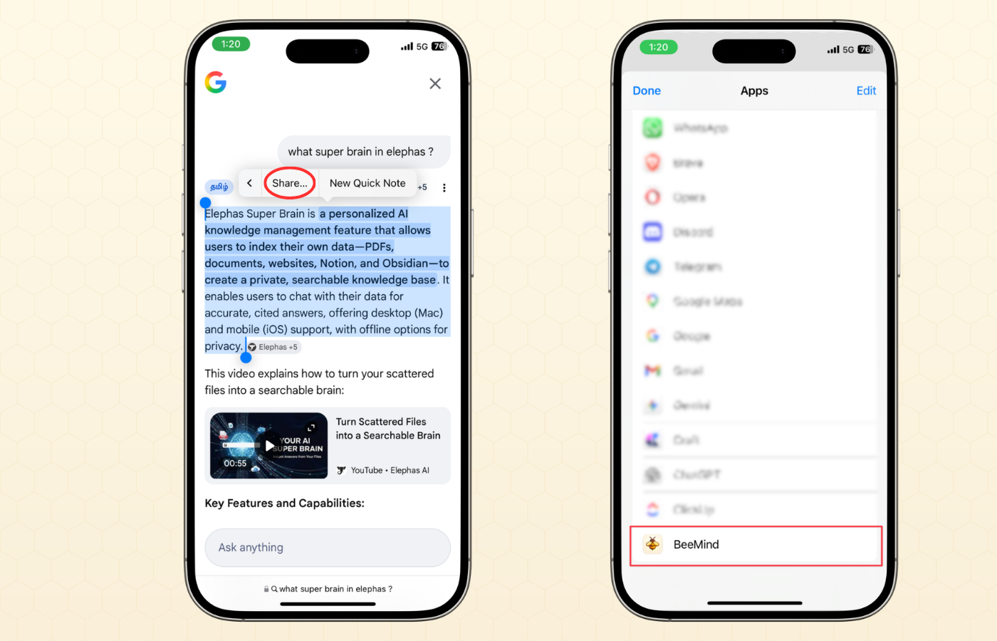 iOS share sheet with BeeMind selected