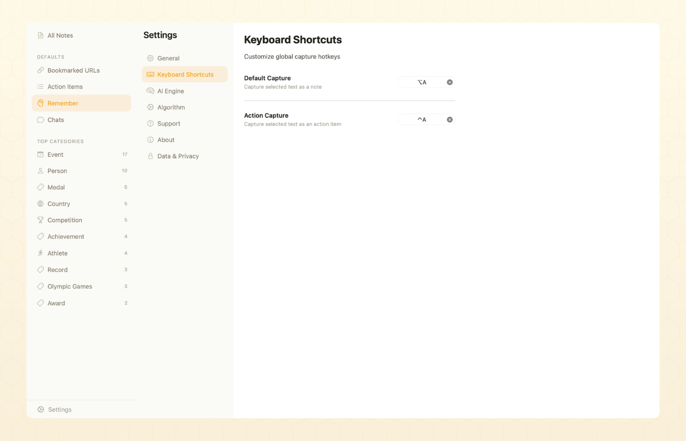 BeeMind Keyboard Shortcuts settings panel showing Default Capture and Action Capture