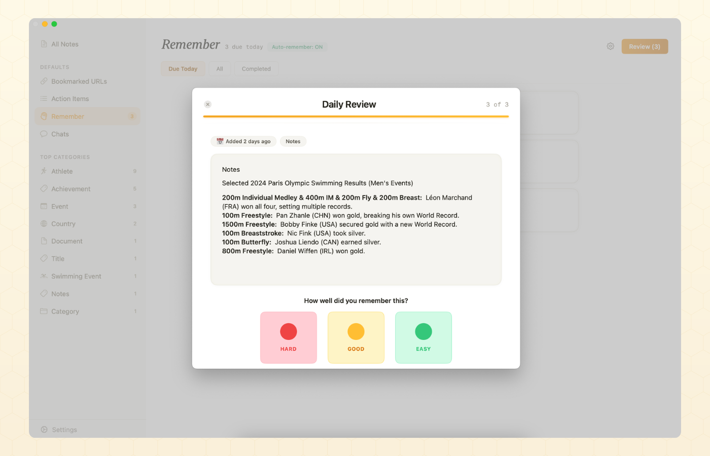 A review card in BeeMind with Hard, Good and Easy buttons