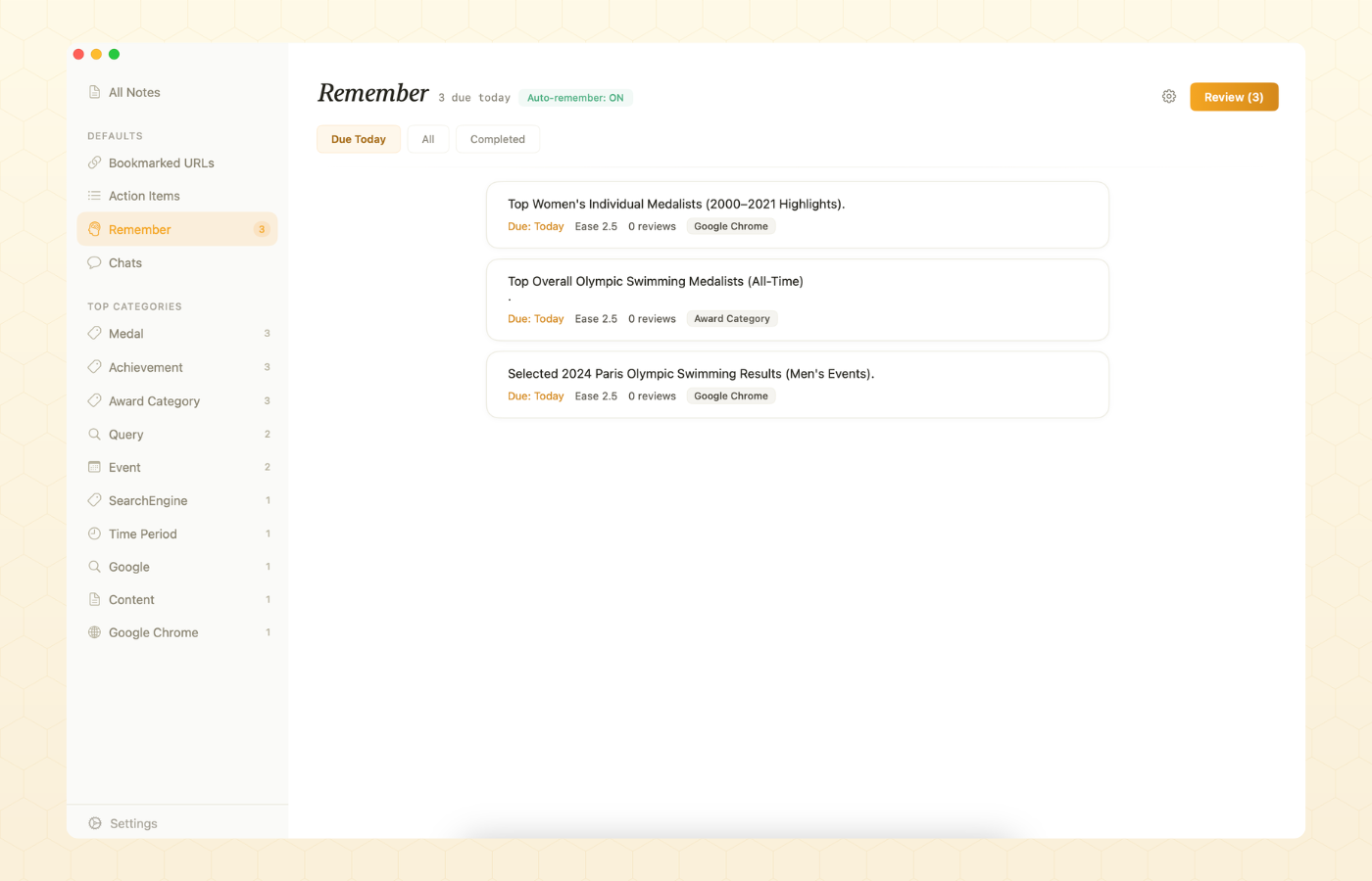 BeeMind Remember tab showing today's review queue