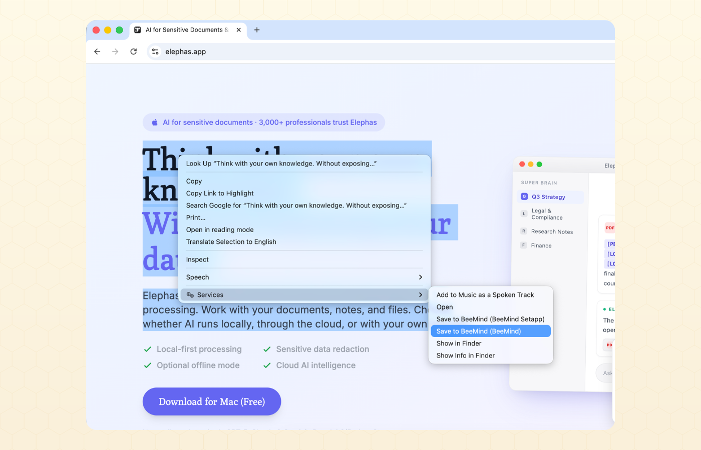 Safari right-click menu with Services expanded showing Save to BeeMind